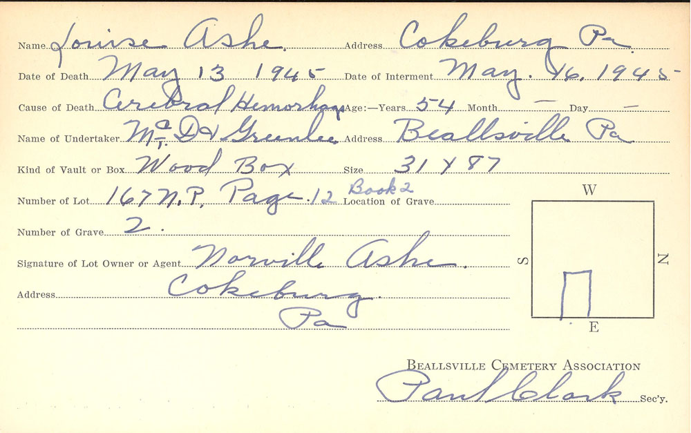 Louise Ash burial card